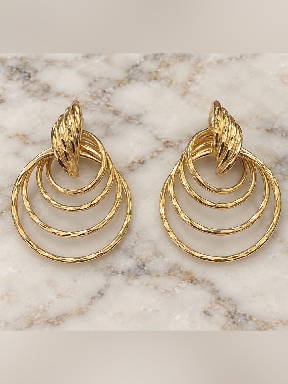 14K Gold Vintage Graduated Multi Hoop Diamond Cut Post Earrings FIRM THANK YOU - Picture 10 of 14